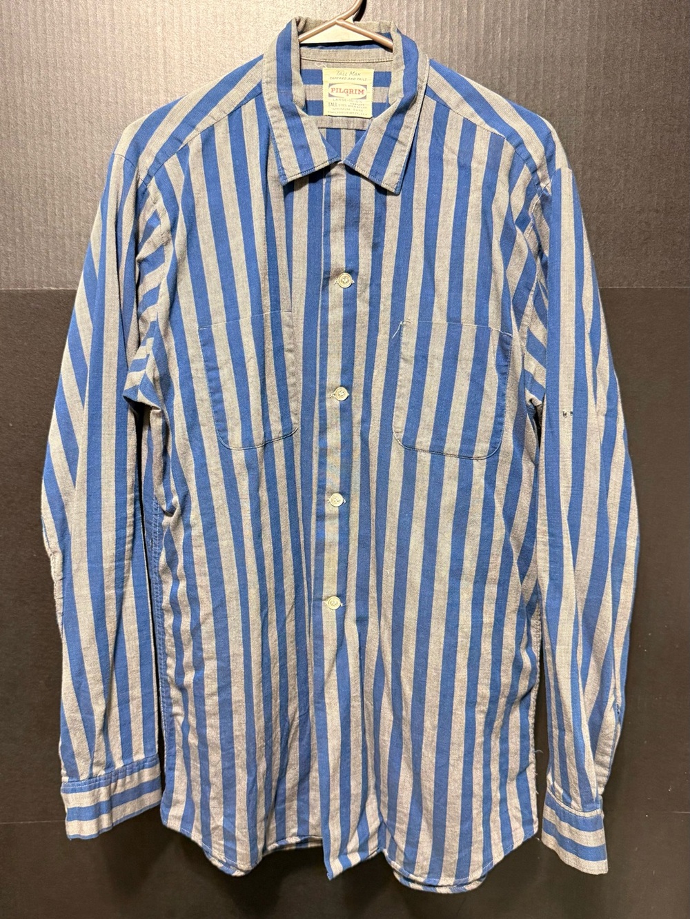 🎒Vtg 50s Sears Pilgrim Striped Work Shirt Size L Cotton Utility Blue Gray